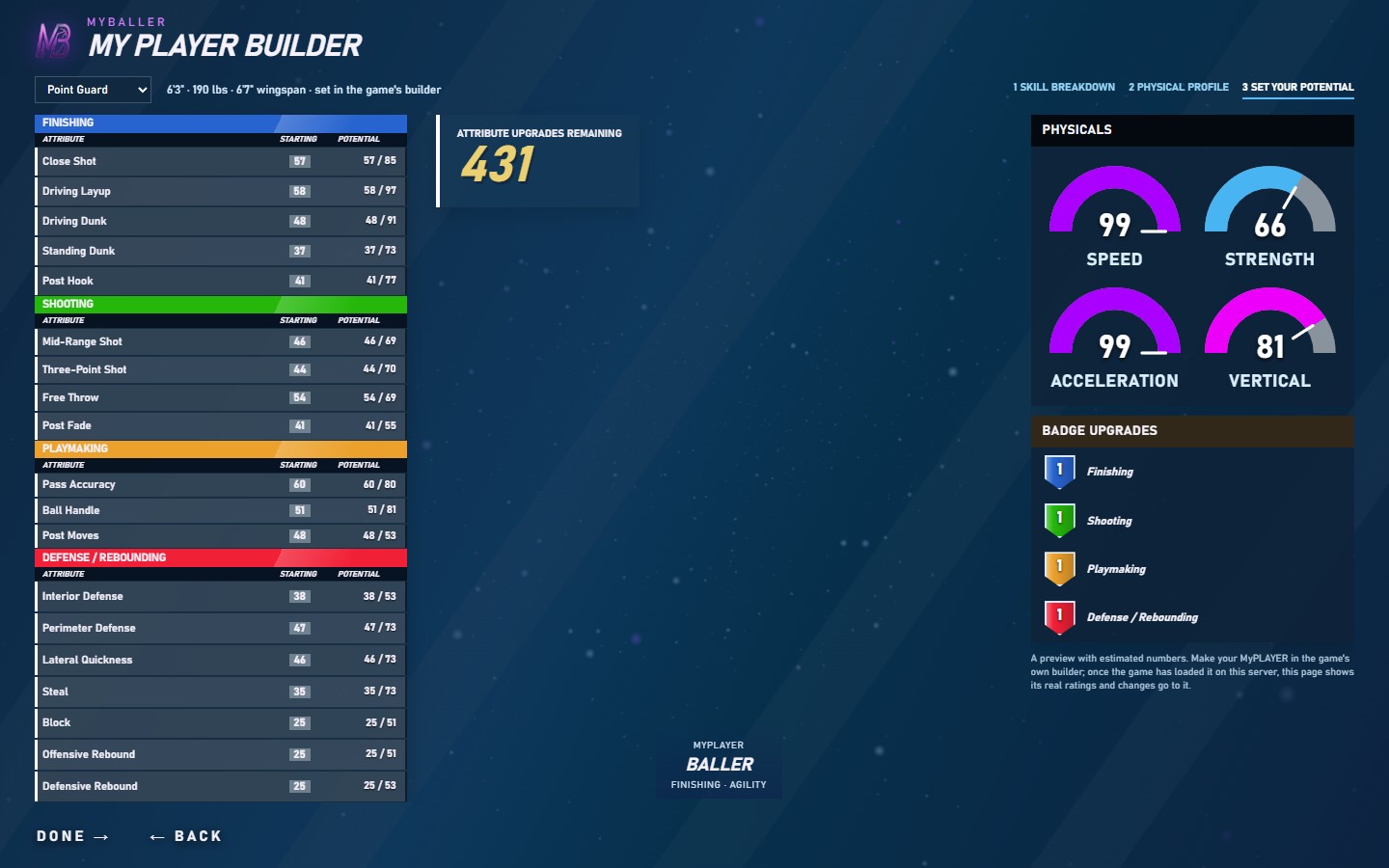 MyBaller's My Player Builder preview showing a sample player profile and attribute controls.